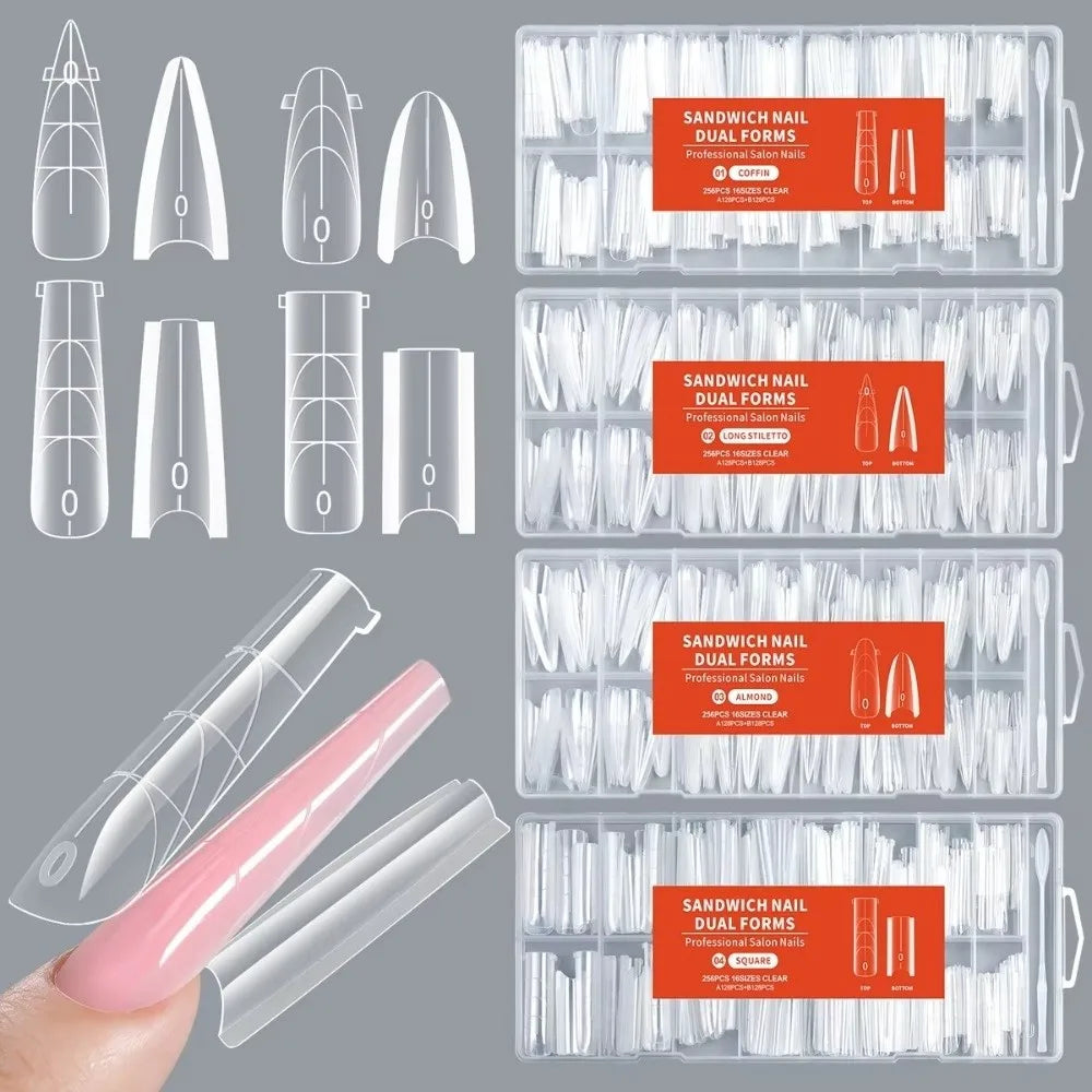 256-Pc Transparent Dual Form Nail Extension Tips | DIY Set Nail Extension Forms QXL