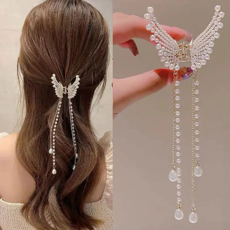 Butterfly Pearl Diamond Hair Claw Clip | Angel Wing Tassel Hair Claw Clip QXL