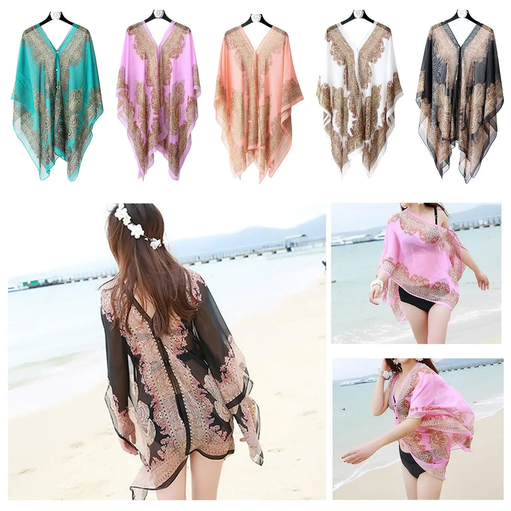 Women's Chiffon Beach Shawl & Bikini Cover Up | Boho Floral Beach Cover Up QXL