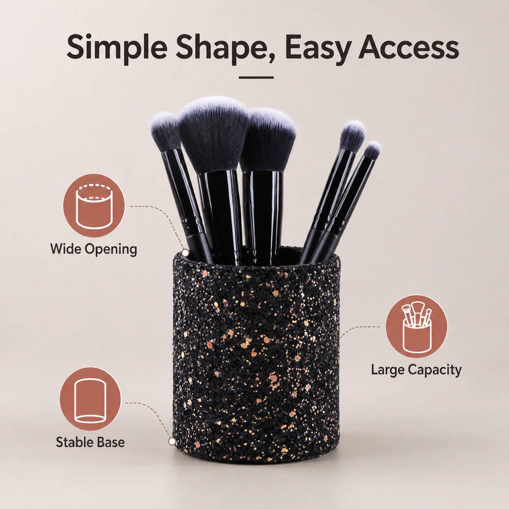 Glitter Makeup Brush Holder PU Organizer Cup | Pink & Black Makeup Brush Holder QXL