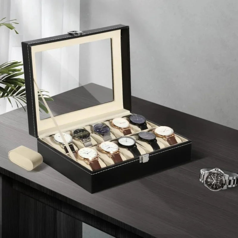 6/12 Slot PU Leather Watch Box with Glass Top Display Case Watch Display Box QXL
