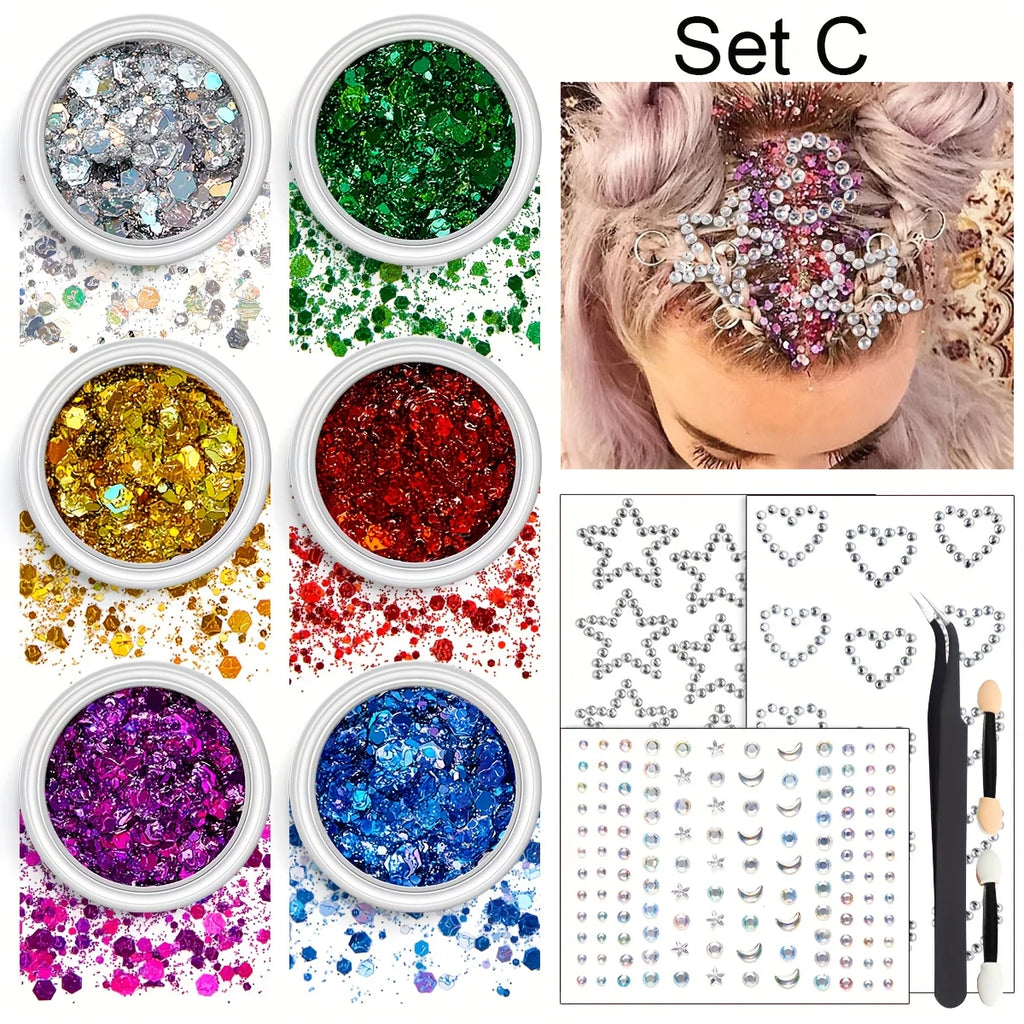 Glitter Hair Gel Set – 6 Colors, Gem Stickers & Rhinestones Glitter Hair & Body Set QXL C