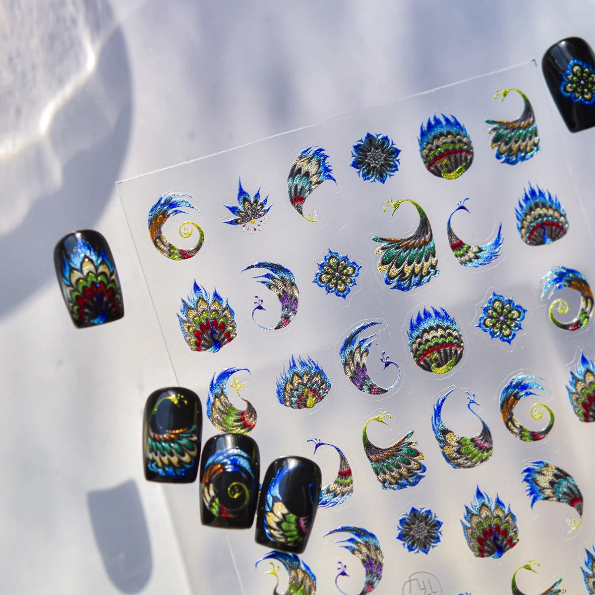 5D Holographic Peacock Feather Nail Stickers | Self-Adhesive Decals Nail Art Stickers QXL
