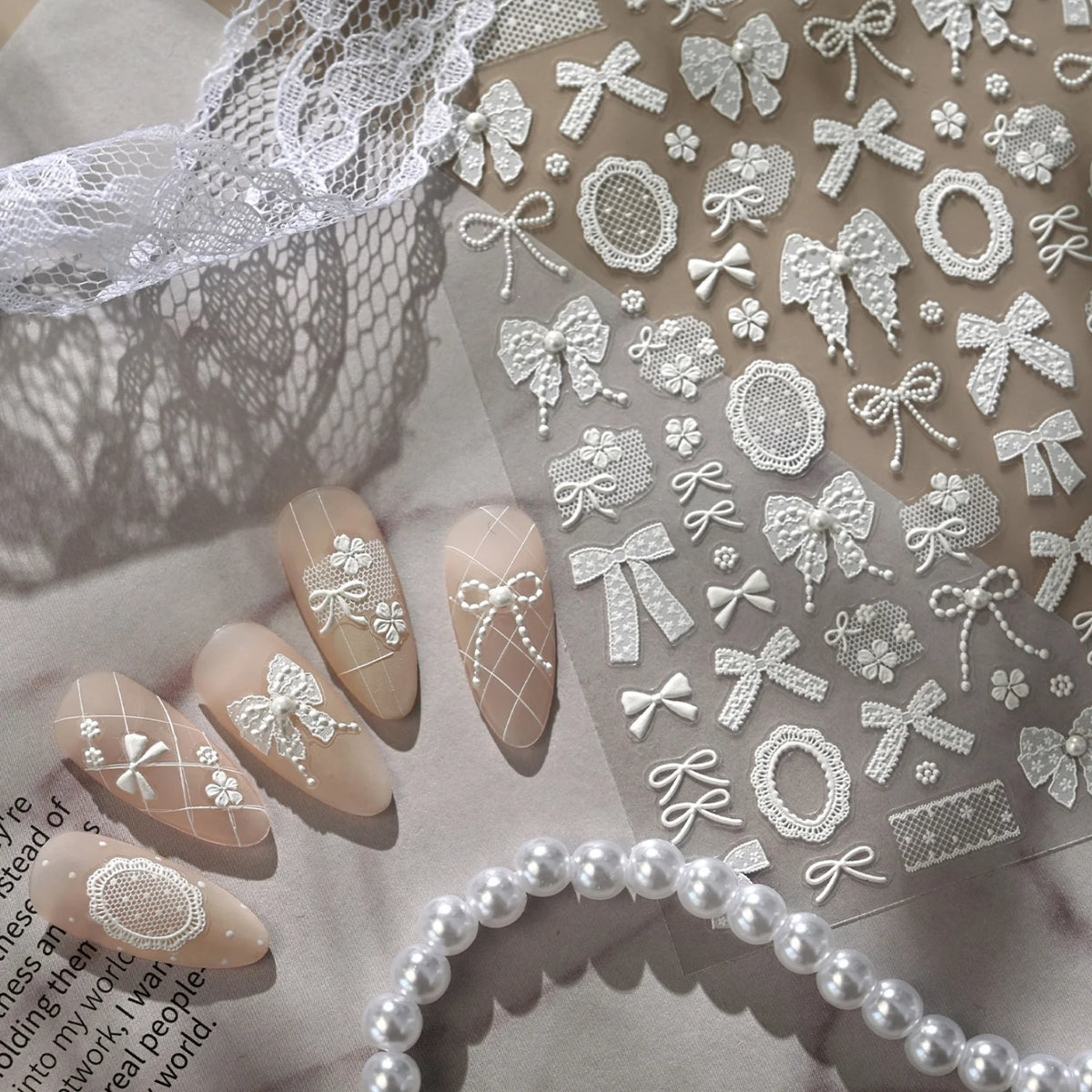 5D Lace Bow & Pearl Self-Adhesive Nail Stickers | Nail Decals Nail Art Stickers QXL