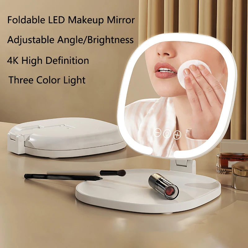 LED Foldable Makeup Mirror | 3-Color Touch Screen Vanity LED Vanity Mirror QXL No Light Pink