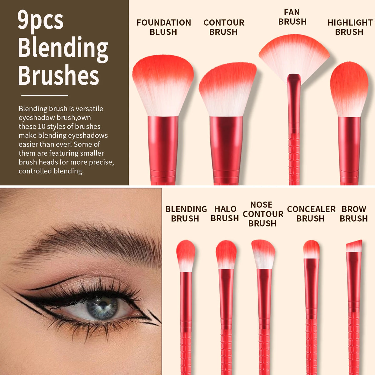 Ronshadow 9-Pc Makeup Brush Set | Crocodile Texture Handle Makeup Brush Set QXL