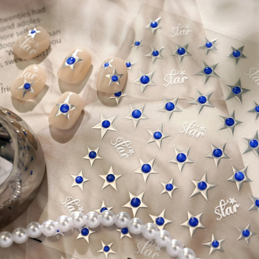 Klein Blue Star 5D Nail Stickers | Silver Self-Adhesive Decals Nail Art Stickers QXL