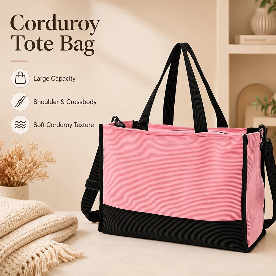 Retro Patchwork Corduroy Shoulder Tote Bag | Unisex Shoulder Tote Bag QXL Pink