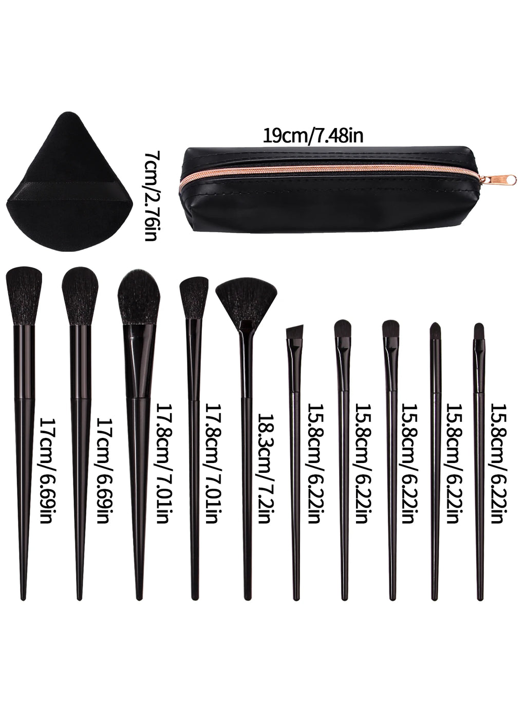 13-Pc Makeup Brush Set | Black Handle Soft Synthetic + 2 Puffs Makeup Brush Set QXL