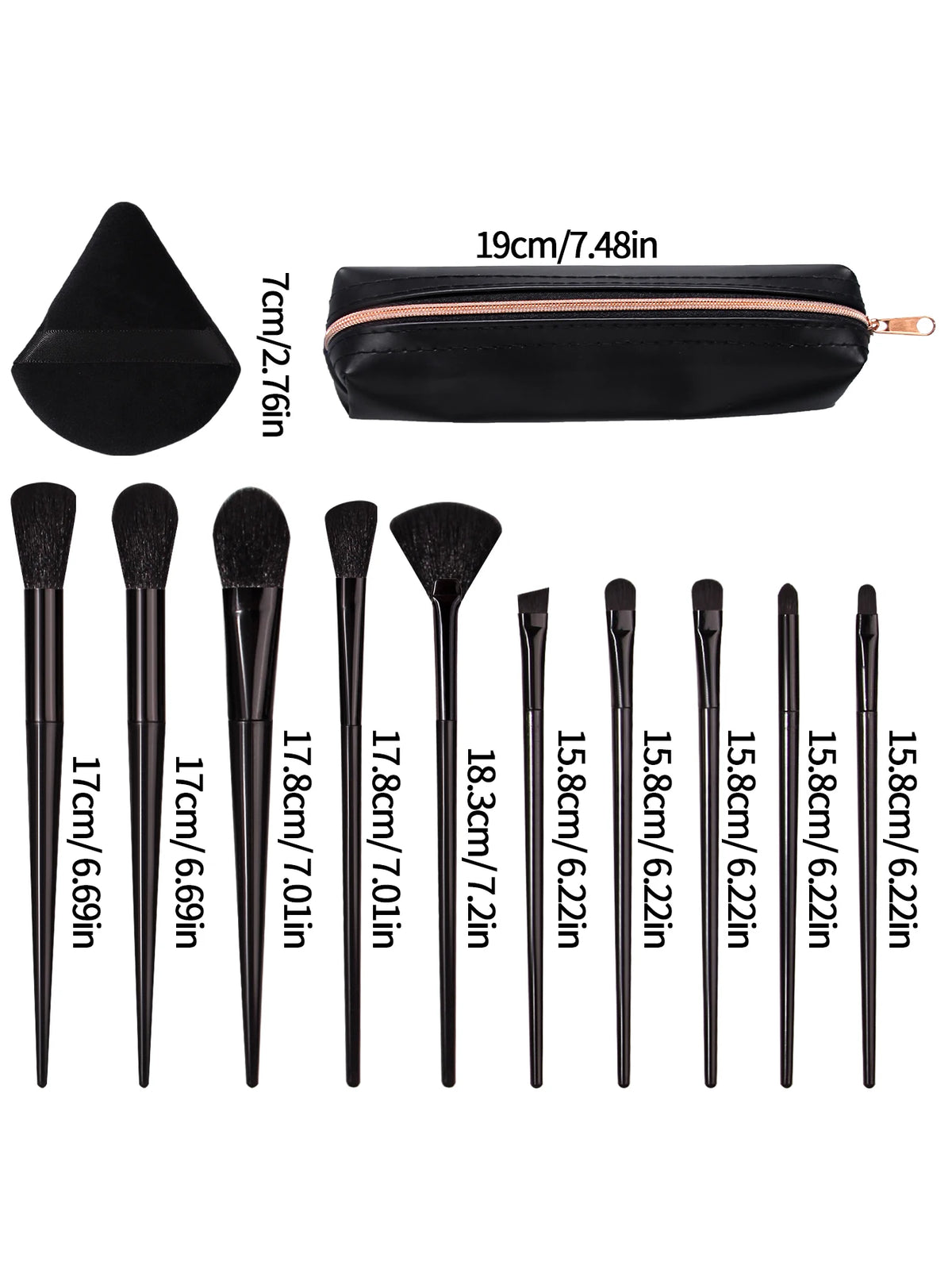 13-Pc Makeup Brush Set | Black Handle Soft Synthetic + 2 Puffs Makeup Brush Set QXL