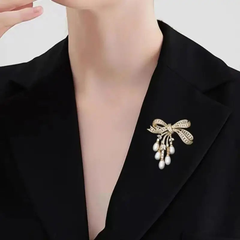 Zircon Pearl Bowknot Tassel Brooch Pin | Women's Corsage Brooch Pin QXL