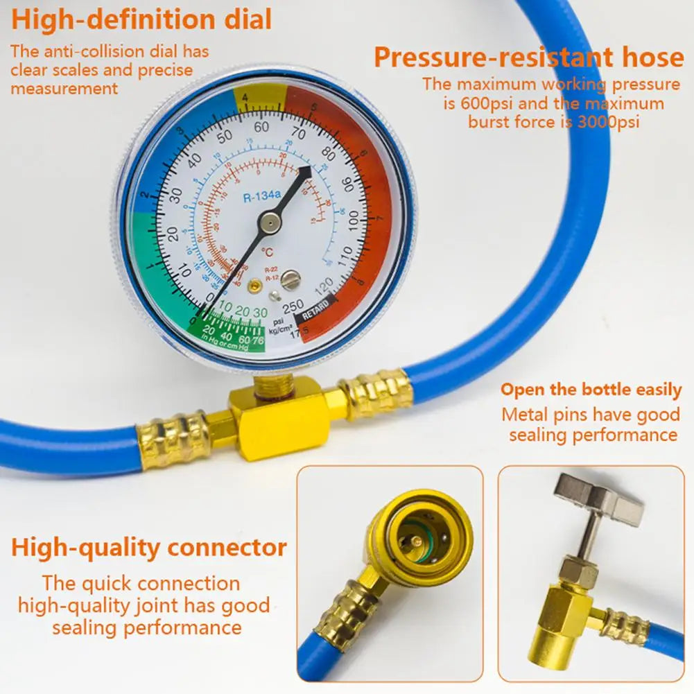 R134a R12 AC Refrigerant Charge Hose Set & Pressure Gauge AC Recharge Tool QXL