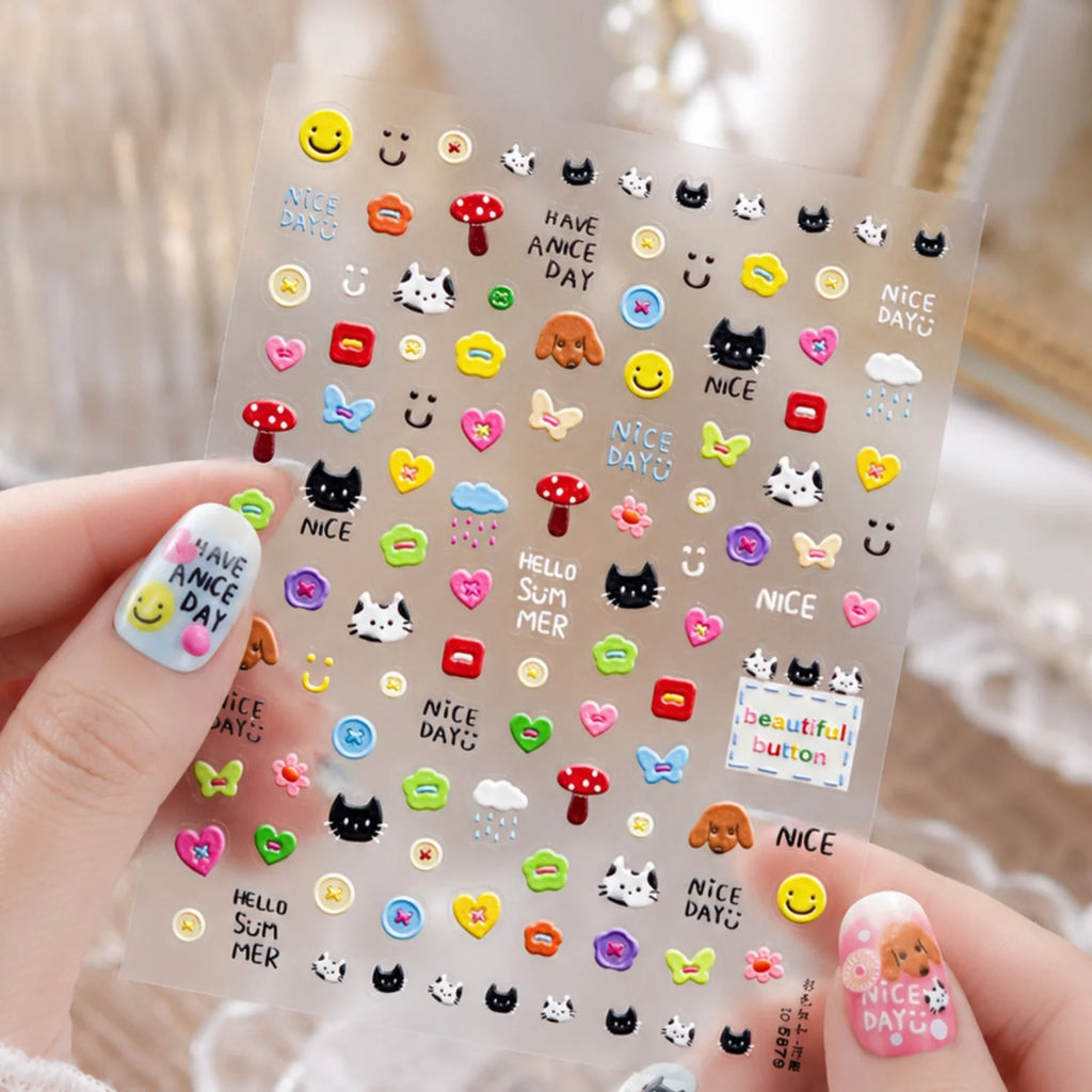 5D Cartoon Nail Stickers – Cat, Heart, Mushroom & Bow Decals Nail Art Stickers QXL