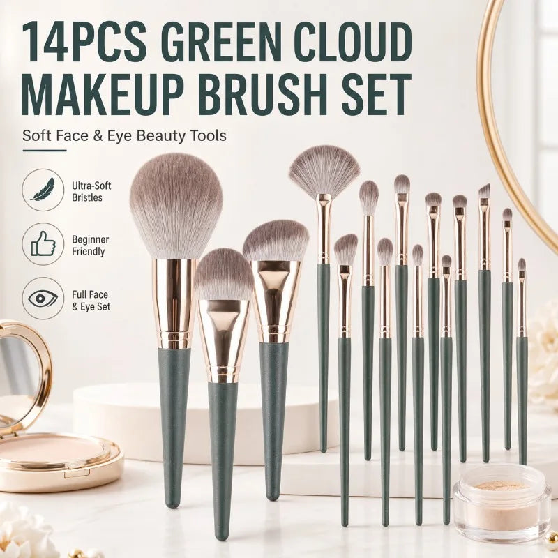 14-Pc Green Makeup Brush Set | Soft Synthetic Bristles Makeup Brush Set QXL