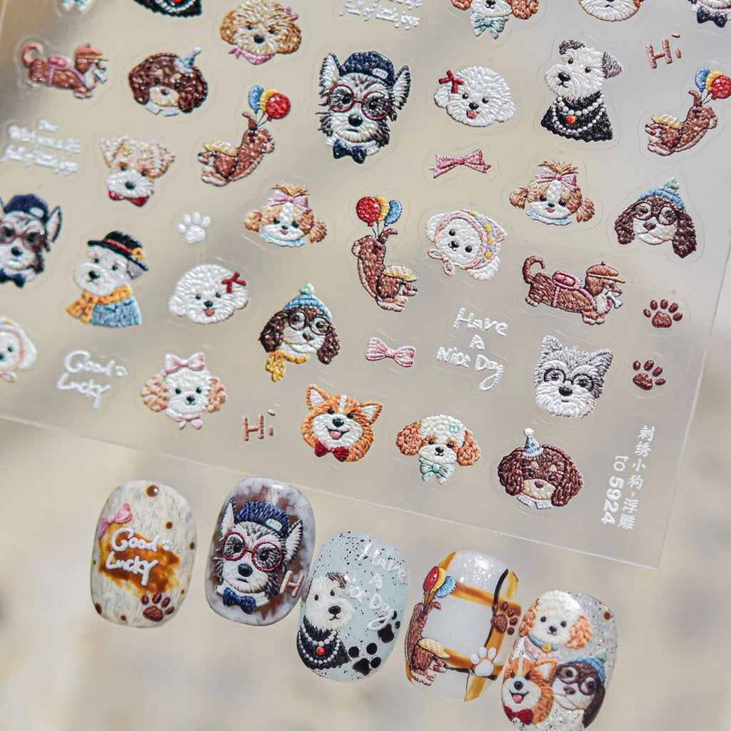 5D Dog Nail Stickers – Schnauzer Shiba Vintage Embroidery Nail Art Stickers QXL