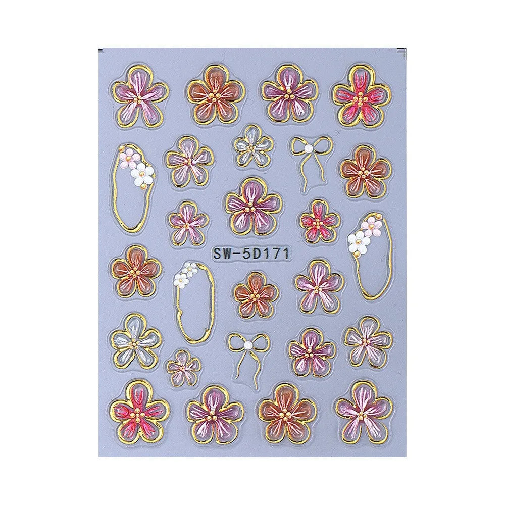 3D Embossed Nail Stickers | French Floral Gold Petal Decals Nail Art Stickers QXL C
