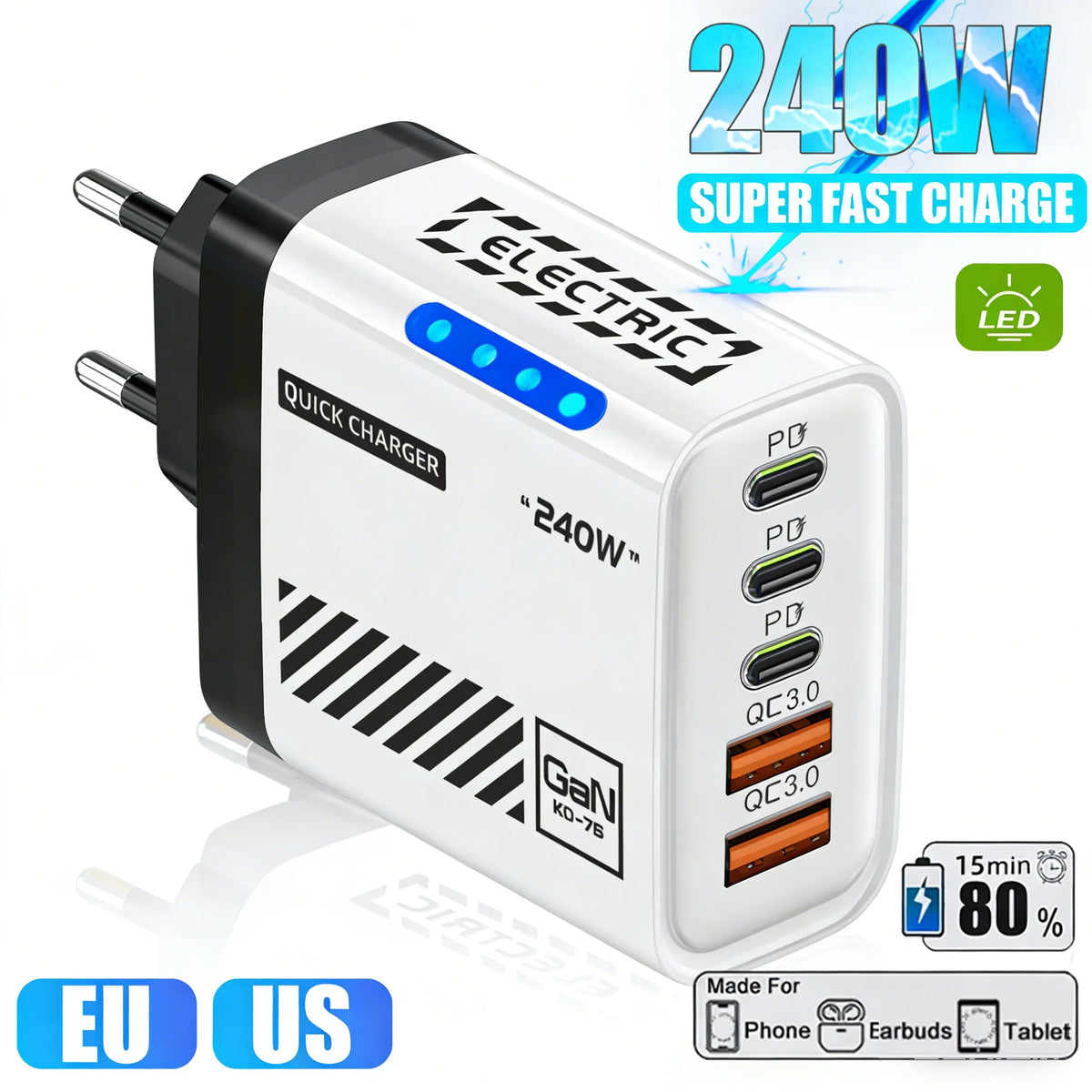 5-in-1 GaN Charger 240W | 3 USB-C PD + 2 USB-A Fast Charging Hub GaN Wall Charger QXL