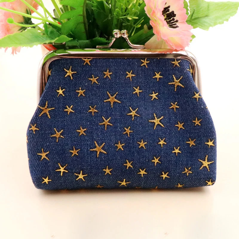Vintage Kiss Lock Coin Purse | Star Print Canvas Women's Wallet Kiss Lock Coin Purse QXL Blue