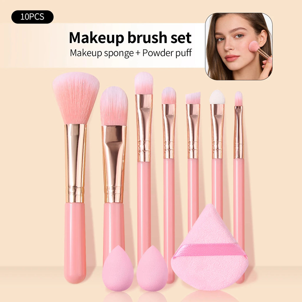 10-Pc Pink Mini Makeup Brush Set with Sponge Egg | KOSSHOW Makeup Brush Set QXL Pink