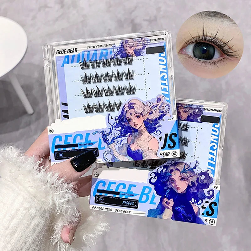 Gege Bear No-Glue False Lashes – 12 Zodiac Styles, Clear Band False Eyelashes QXL