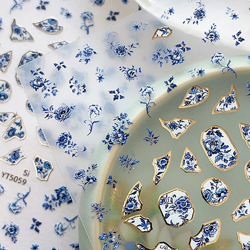 3D Blue White Porcelain Nail Art Stickers | DIY Decals Nail Art Stickers QXL