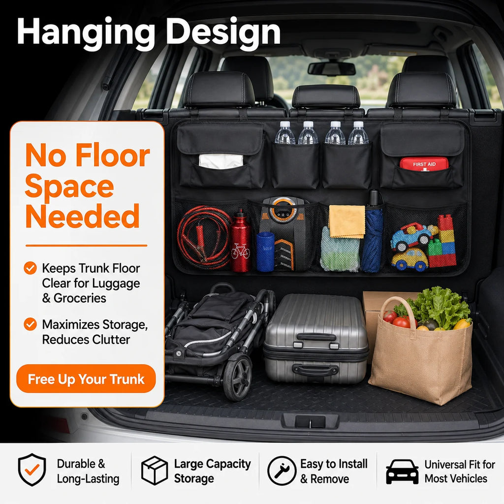 Car Seat Back Organizer – Trunk Bag with Mesh Pockets & Hooks Car Trunk Organizer QXL