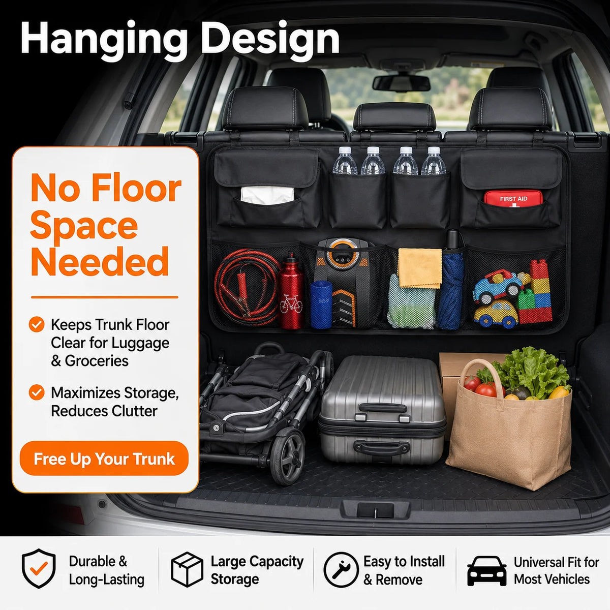 Car Seat Back Organizer – Trunk Bag with Mesh Pockets & Hooks Car Trunk Organizer QXL