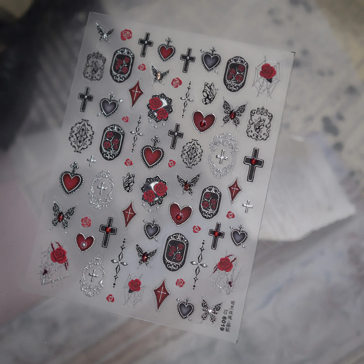 Gothic 5D Nail Stickers | Rose, Cross & Rhinestone Halloween Nail Art Stickers QXL