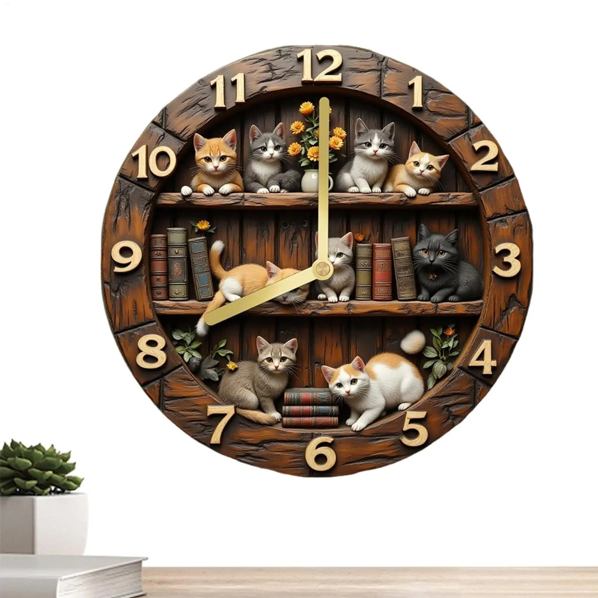 11.81" Cat Theme Wooden Wall Clock | Silent Sweep Movement Decorative Wall Clock QXL