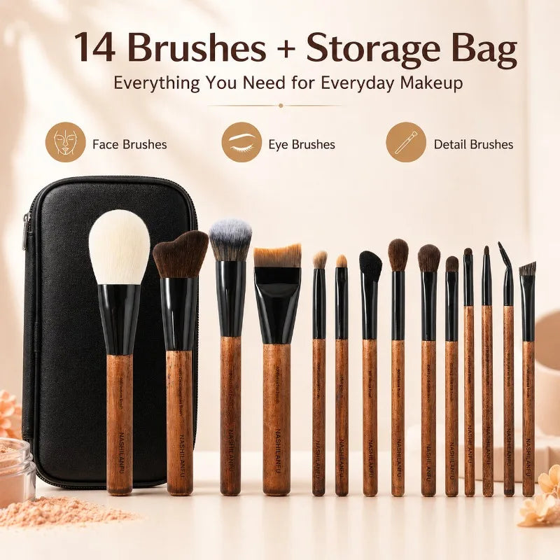 14-Piece Makeup Brush Set | Wooden Handle & Portable Case Makeup Brush Set QXL