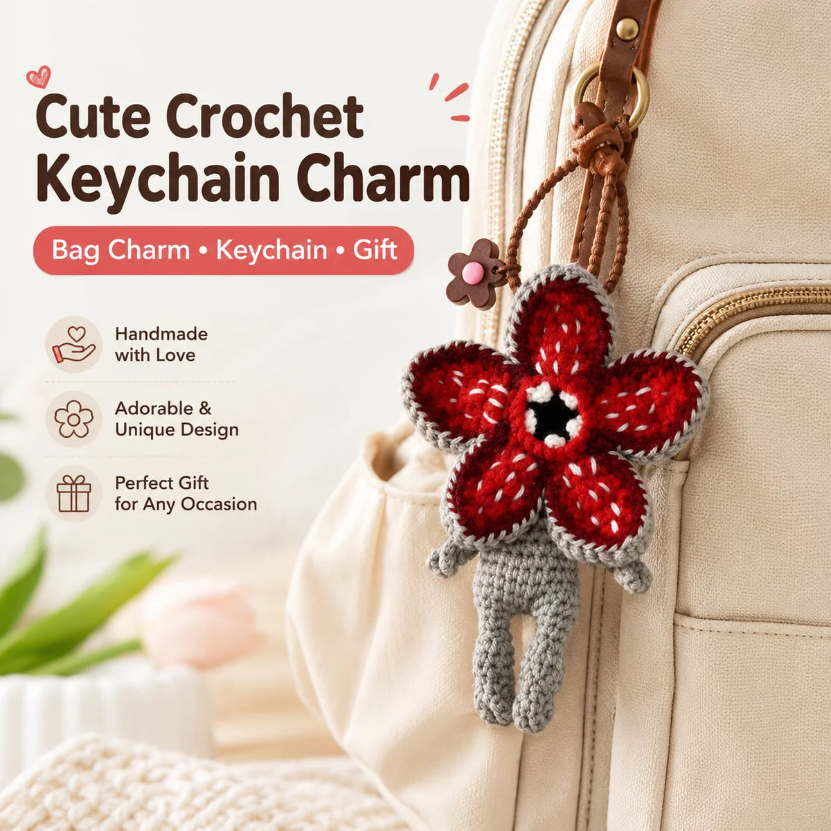 Crochet Flower Monster Keychain | Plush Backpack Charm Plush Keychain Charm QXL