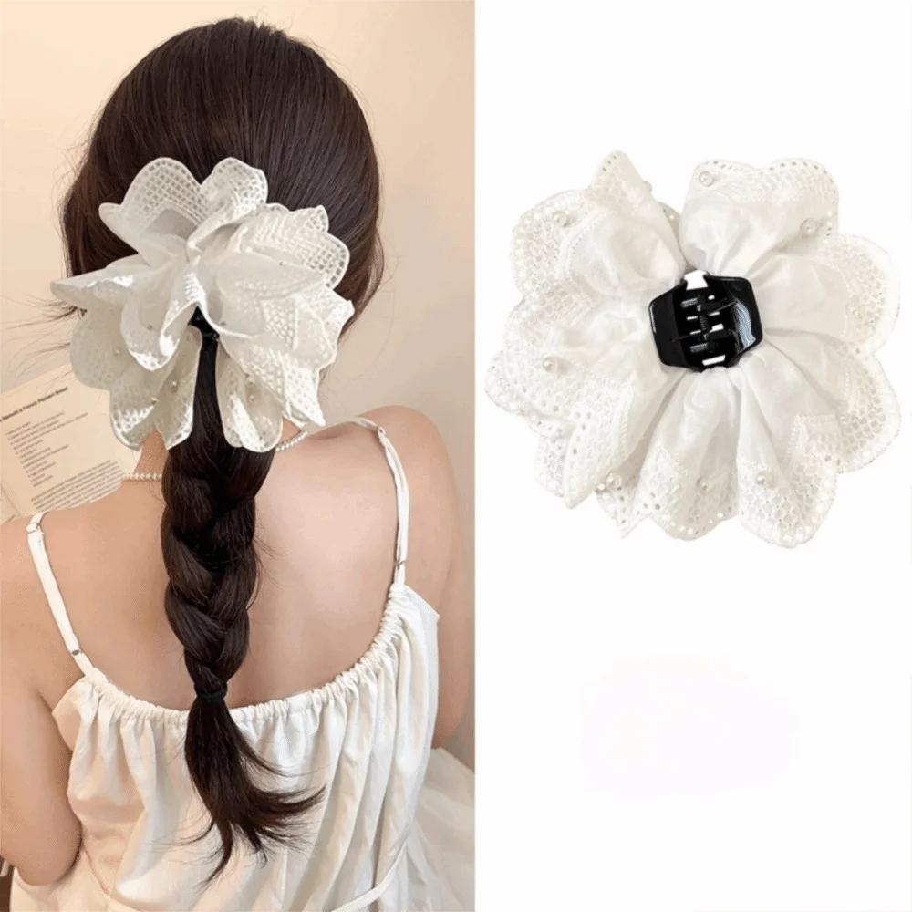 White Flower Lace Ponytail Shark Clip | Women's Hair Accessory Hair Shark Clip QXL