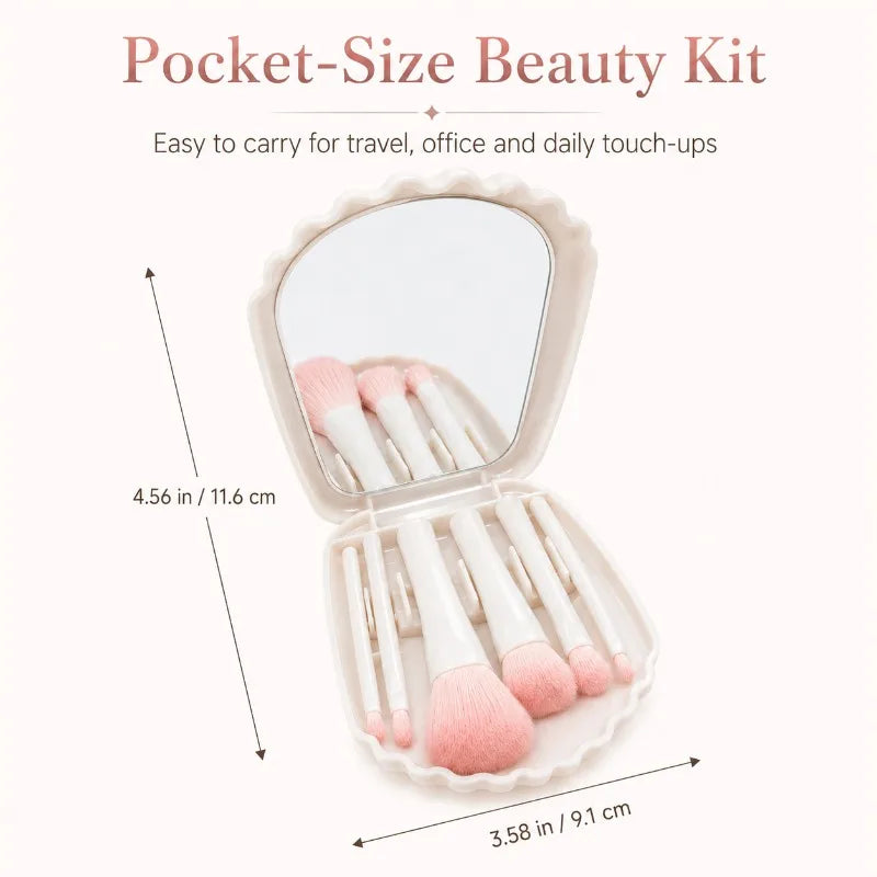 5-Pc Shell Makeup Brush Set with Mirror Case | Travel Makeup Brush Set QXL