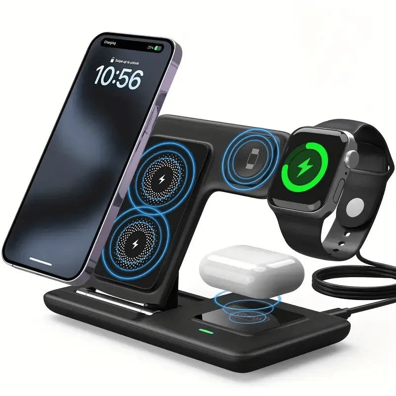 3-in-1 Foldable Wireless Charging Station for iPhone & iWatch Wireless Charging Station QXL black