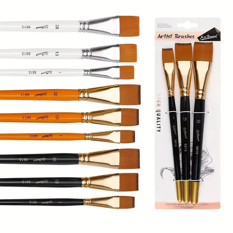3-Piece Flat Paint Brush Set | Nylon Art Brushes for Acrylic & Oil Art Paint Brush Set QXL