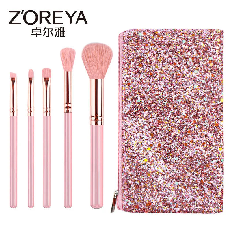 Zoreya 5-Piece Mini Eyeshadow Makeup Brush Set – Pink Handle Makeup Brush Set QXL