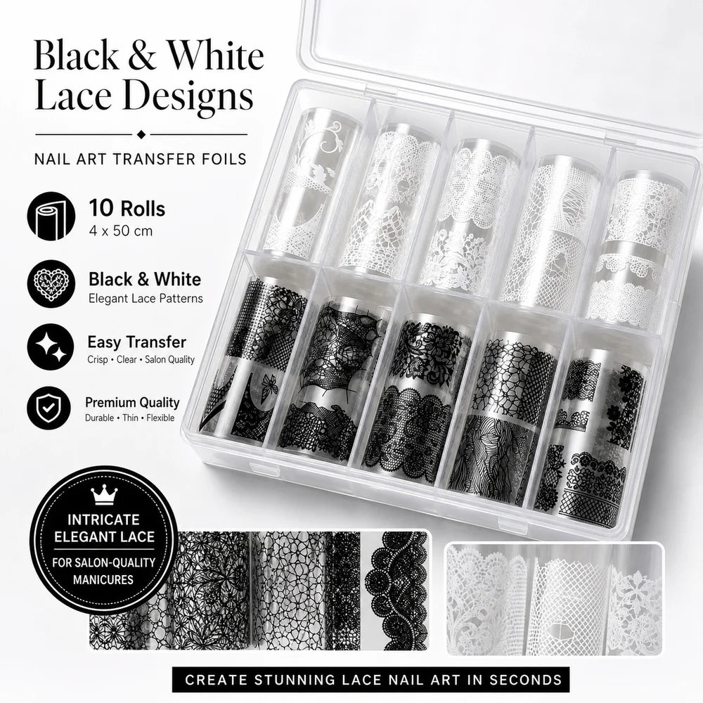 Lace Rose Nail Foil Stickers | Black & White Sequin Transfer Nail Foil Stickers QXL