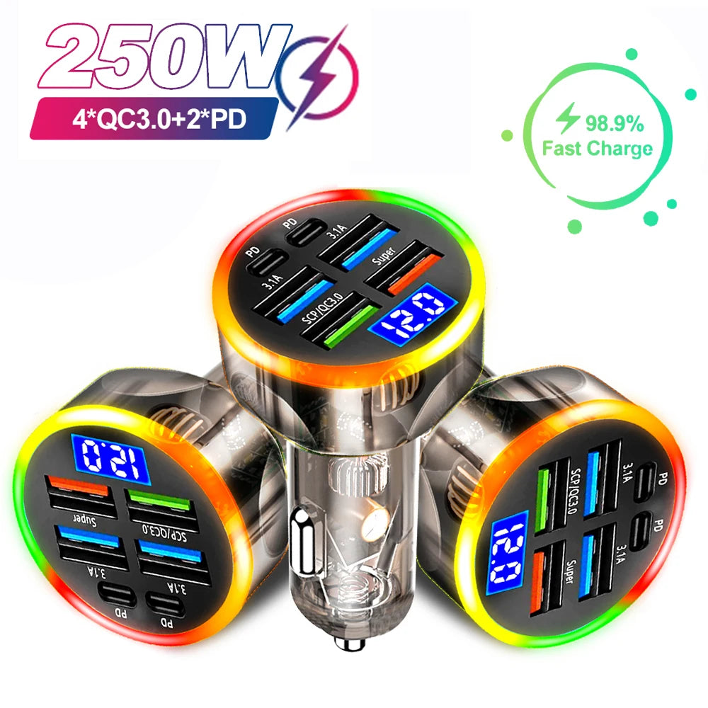 250W 6-Port Fast Car Charger PD USB-C + USB-A | QXL Car Charger Adapter QXL