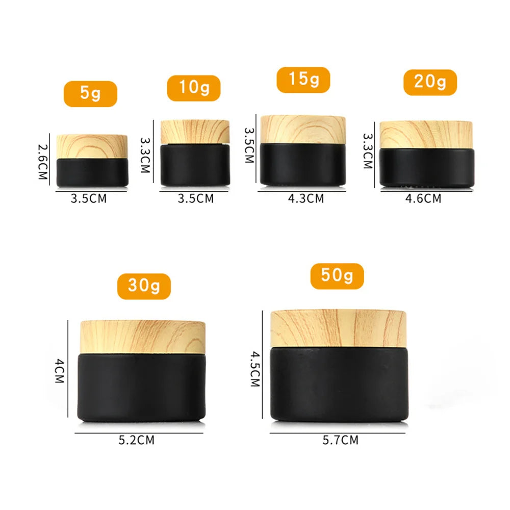 Matte Black Glass Cosmetic Jars Wood Cap | 5g–50g Refillable Cosmetic Glass Jar QXL