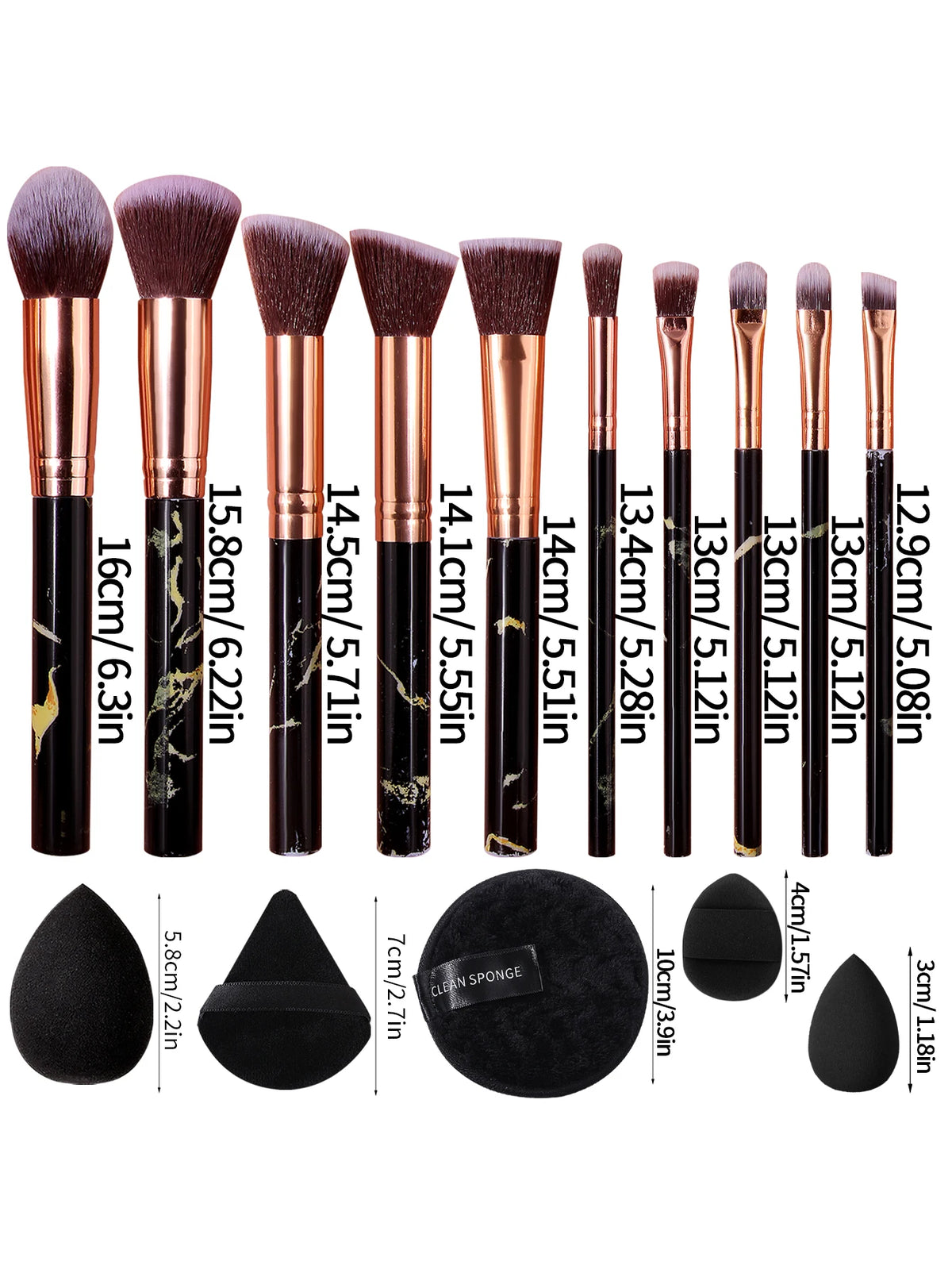 15-Pc Marble Makeup Brush Set with Sponge & Powder Puff Makeup Brush Set QXL