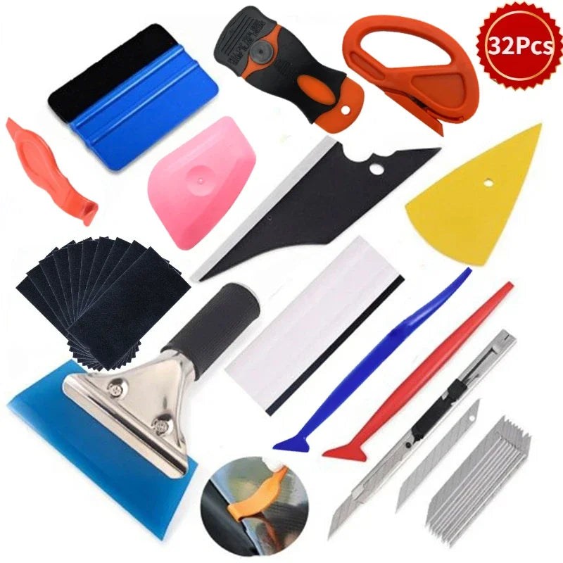New Car Vinyl Tint Film Installation Tool Kit Rubber Scraper Magnetic Holder Wrapping Sticker Carving Knife with Spare Blades QXL Set 2-32Pcs