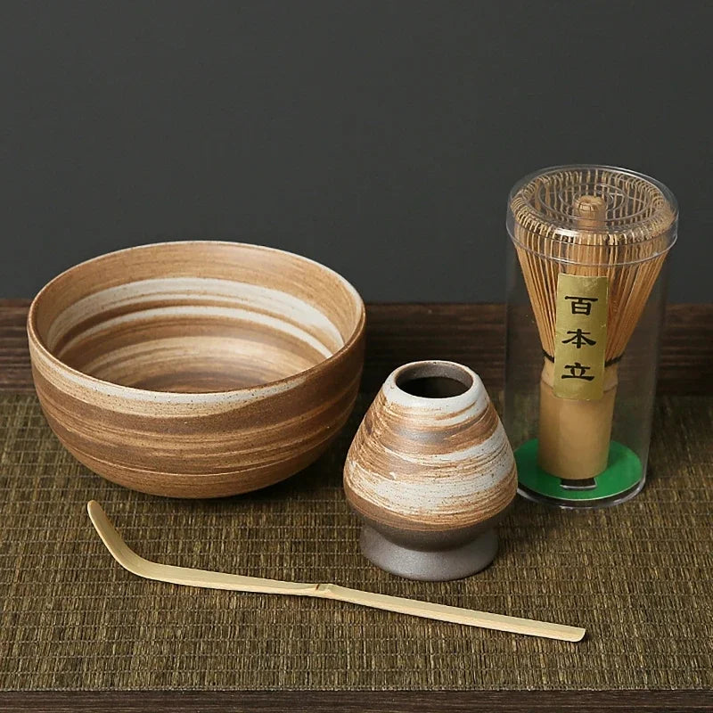 4-Piece Matcha Whisk Set – Ceramic Bowl, Bamboo Brush & Stand Matcha Tea Set QXL