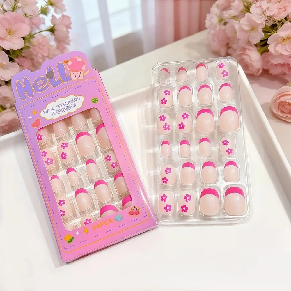 24-Pack Kids Press On Nails – Black Flower French Almond Tips Press-On Nail Set QXL