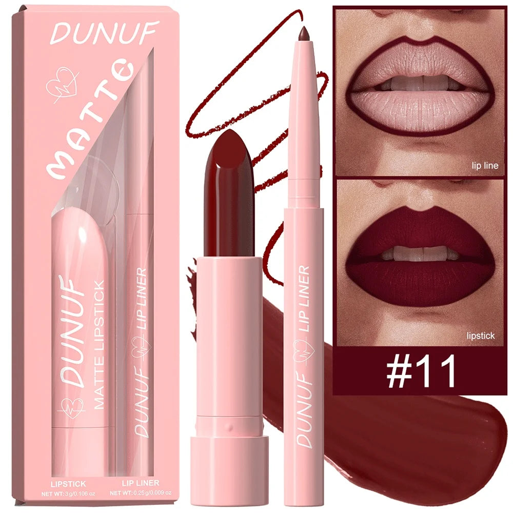DUNUF Matte Lip Liner & Lipstick Set | 12 Colors Long-Lasting Lip Liner & Lipstick Set QXL 11 3.25g Full Size