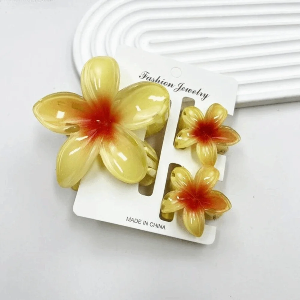 3-Pack Gradient Plumeria Flower Hair Claw Clips | Hawaiian Style Flower Hair Claw Clips QXL Yellow1