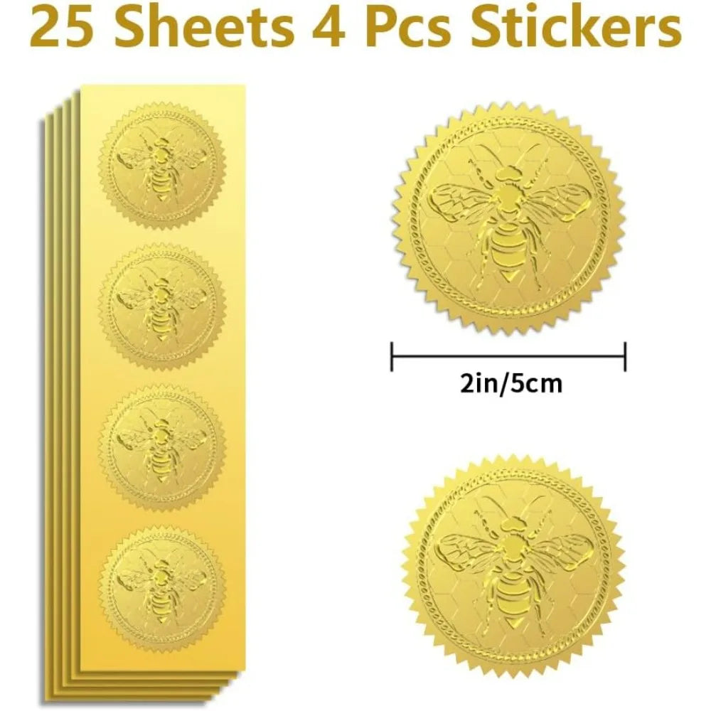 Gold Foil Bee Honeycomb Embossed Seal Stickers 2" 100 Pack Decorative Seal Stickers QXL