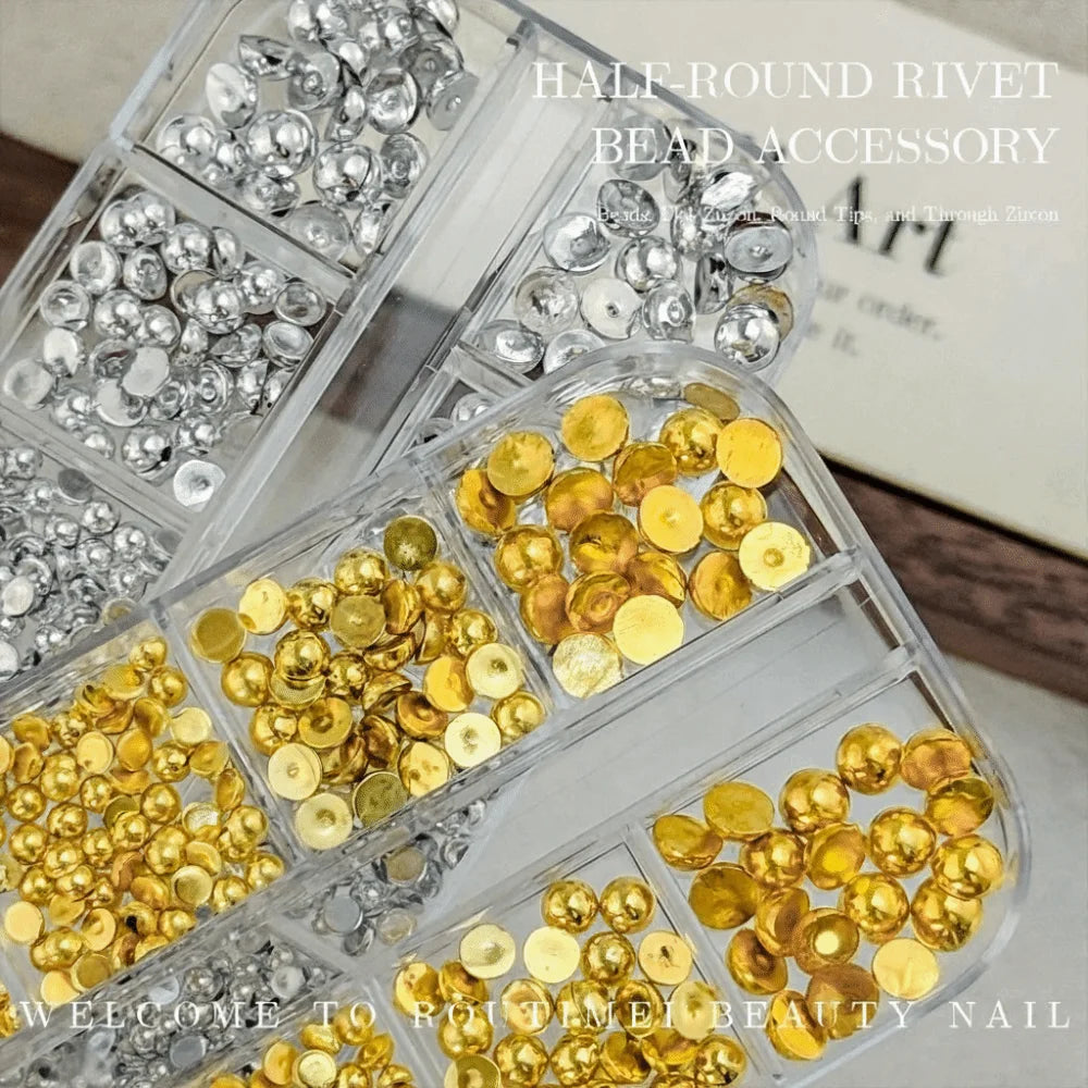 3D Half Round Pearl Nail Charms | Gold & Silver Flatback Beads Nail Art Charms QXL