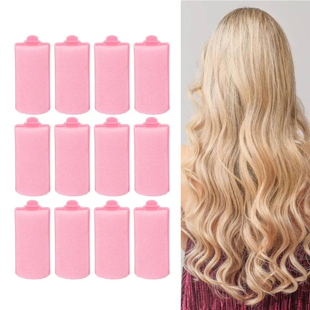 12-Pack Pink Foam Hair Rollers | No-Heat Curl Styling Set Foam Hair Rollers QXL