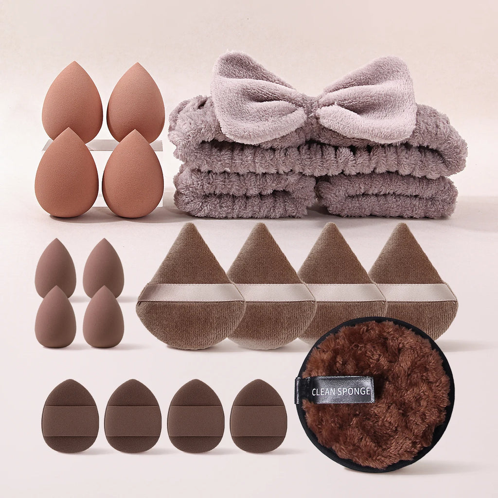 KOSSHOW 20-Pc Makeup Sponge & Puff Set with Bow Spa Headband Makeup Sponge Set QXL Brown