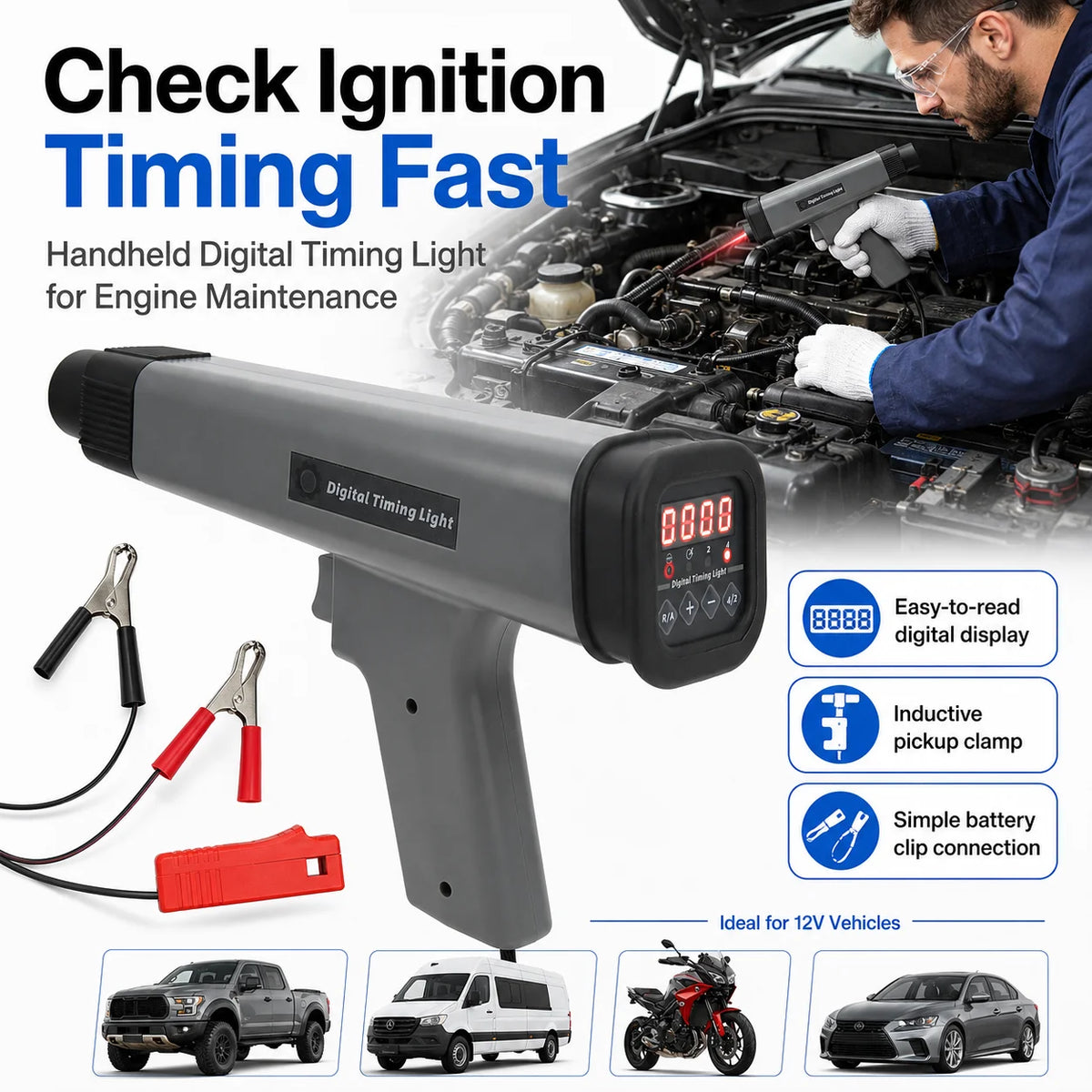 12V Digital Ignition Timing Light | Car Motorcycle Marine Ignition Timing Light QXL